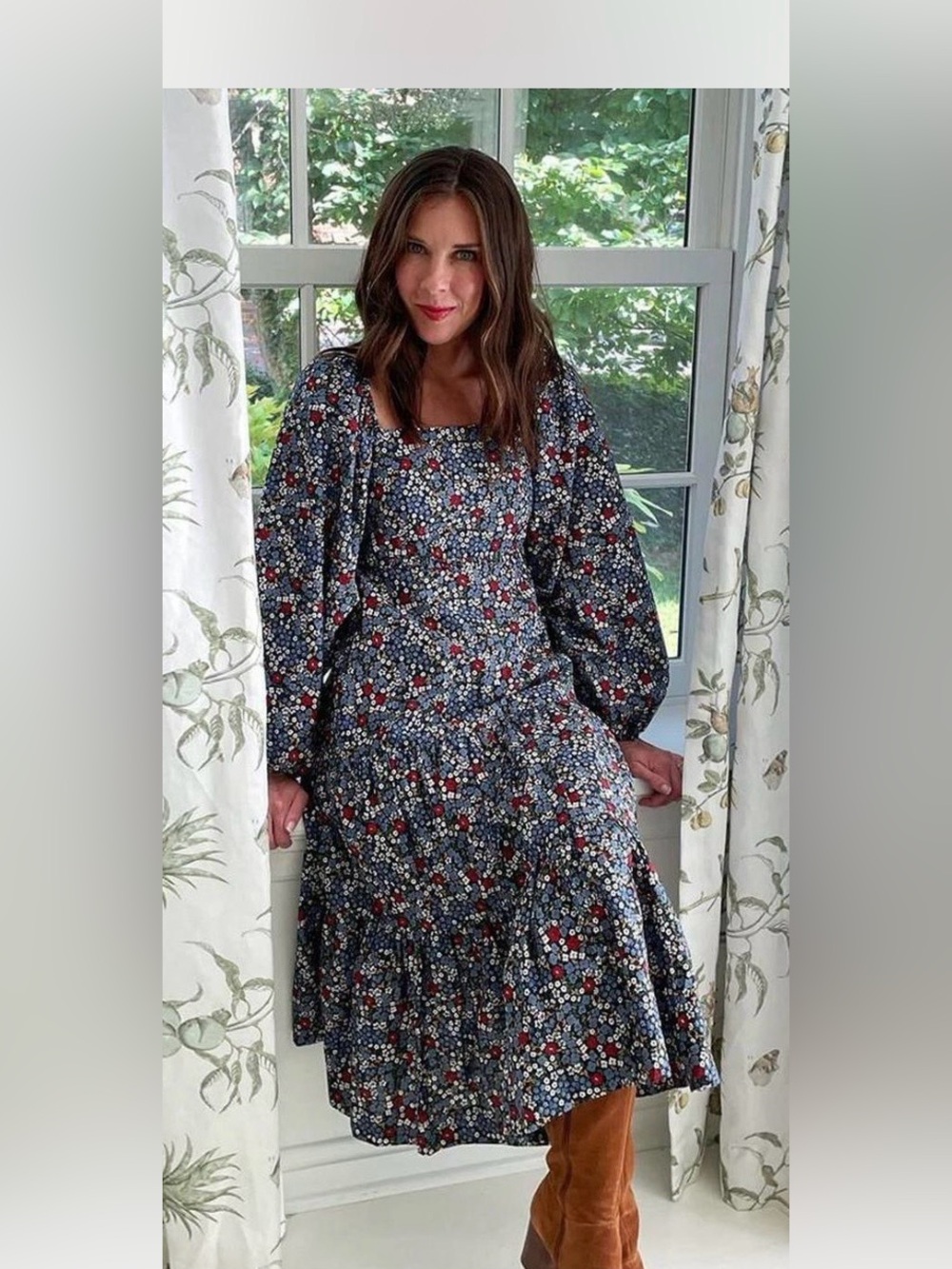 summersalt Navy Floral Square-Neck Midi Dress
